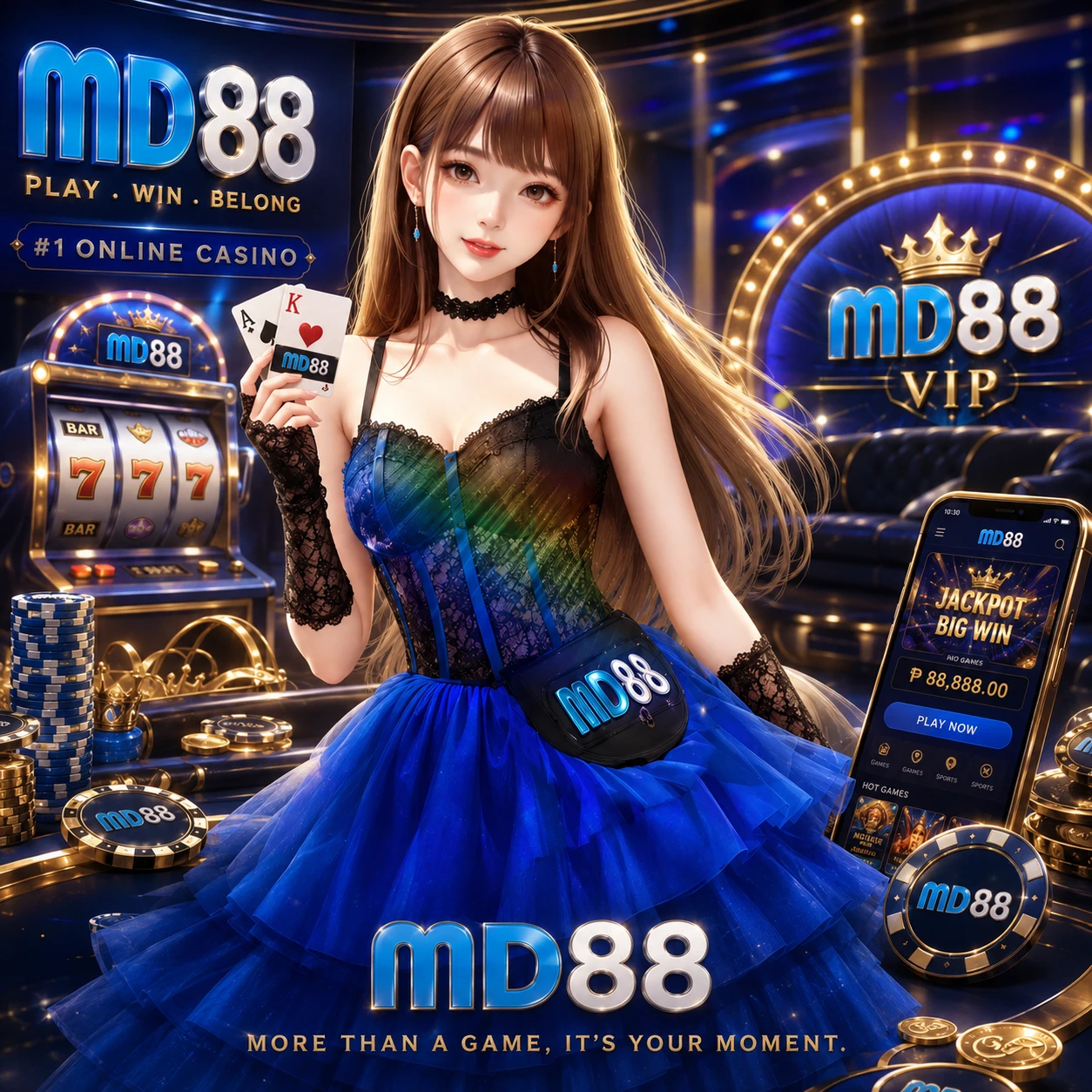 MD88 welcome bonus banner featuring the calico cat mascot with gold coins and reward elements