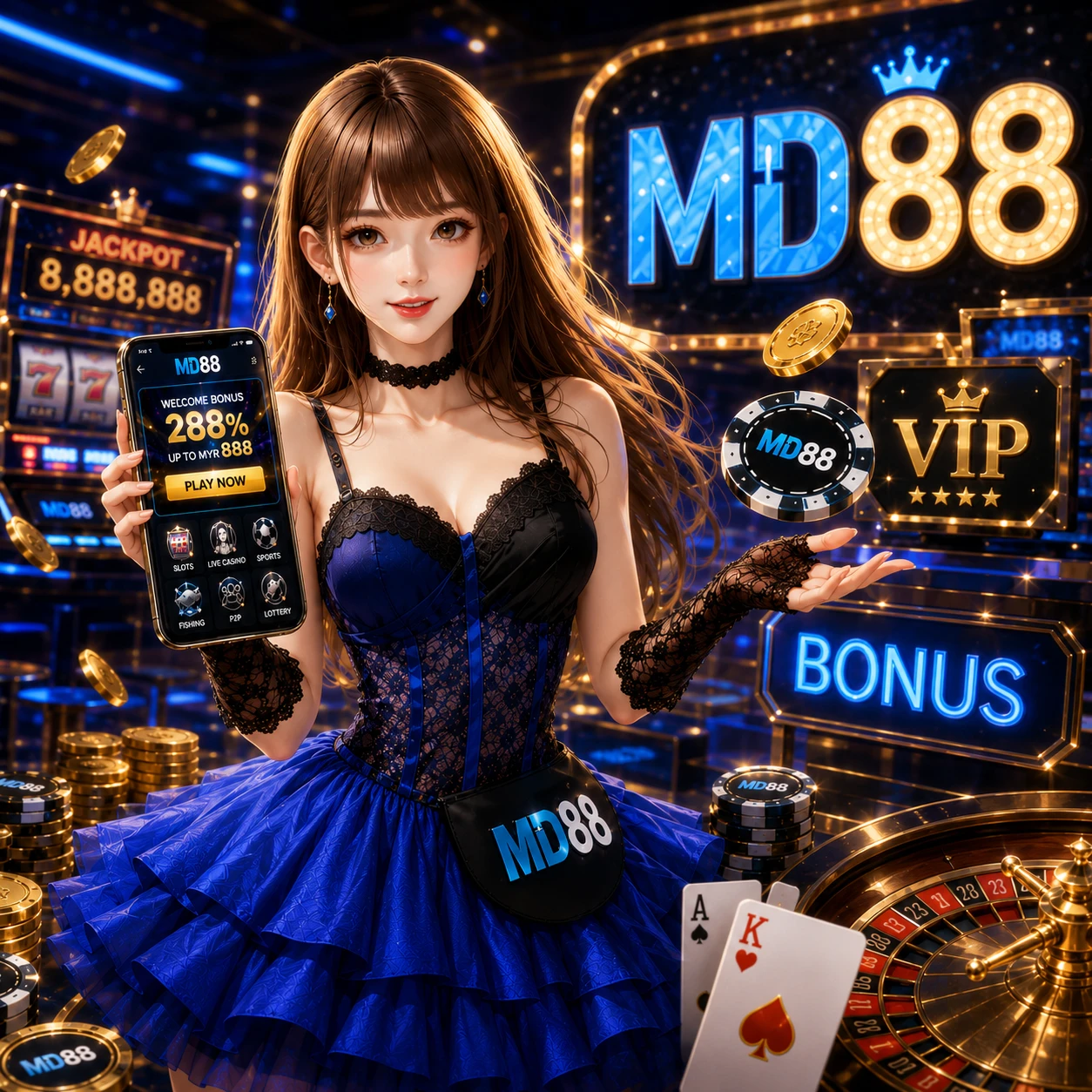 MD88 hero banner featuring the calico cat mascot against a gold casino atmosphere background