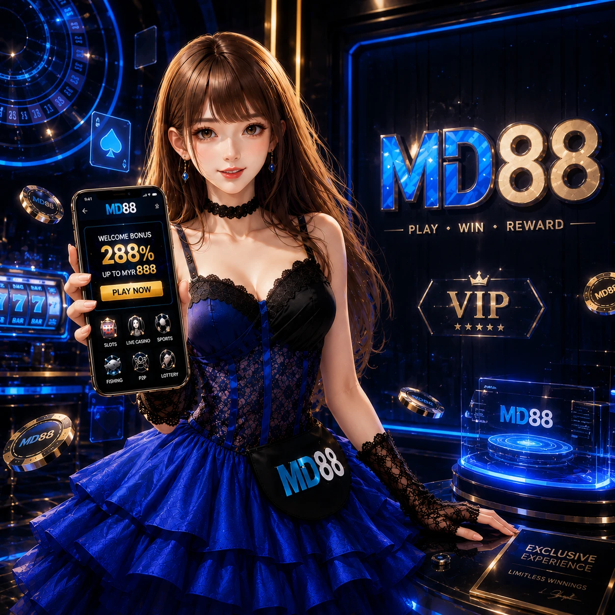 MD88 games page hero banner showing a collage of slots, live casino, fish shooting, and sports betting visuals