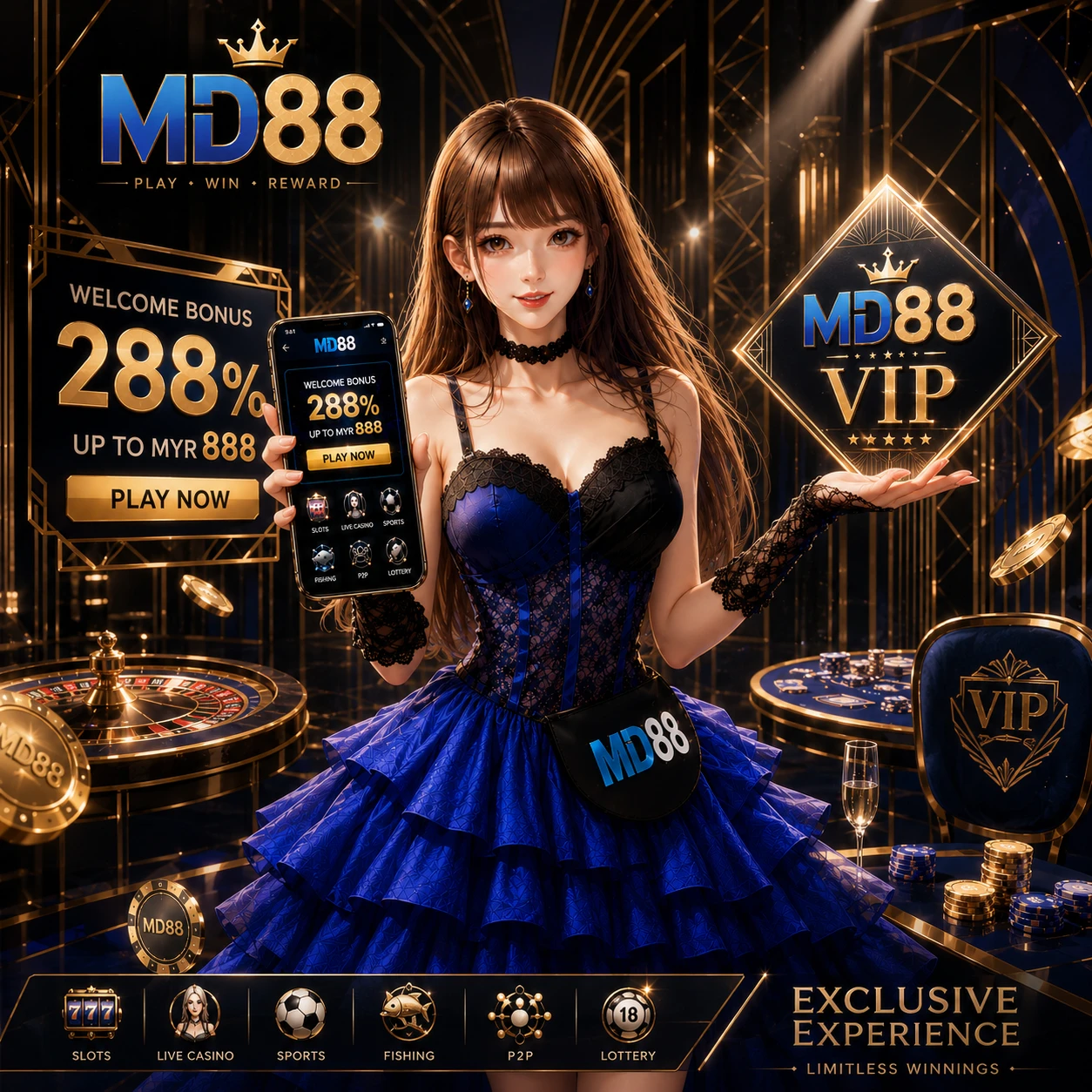MD88 free register bonus visual showing a gift box with Malaysian peso coins and the registration step interface