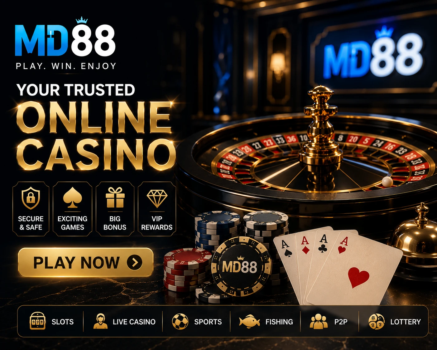 MD88 slots section banner featuring popular slot game thumbnails including Golden Empire and JILI titles