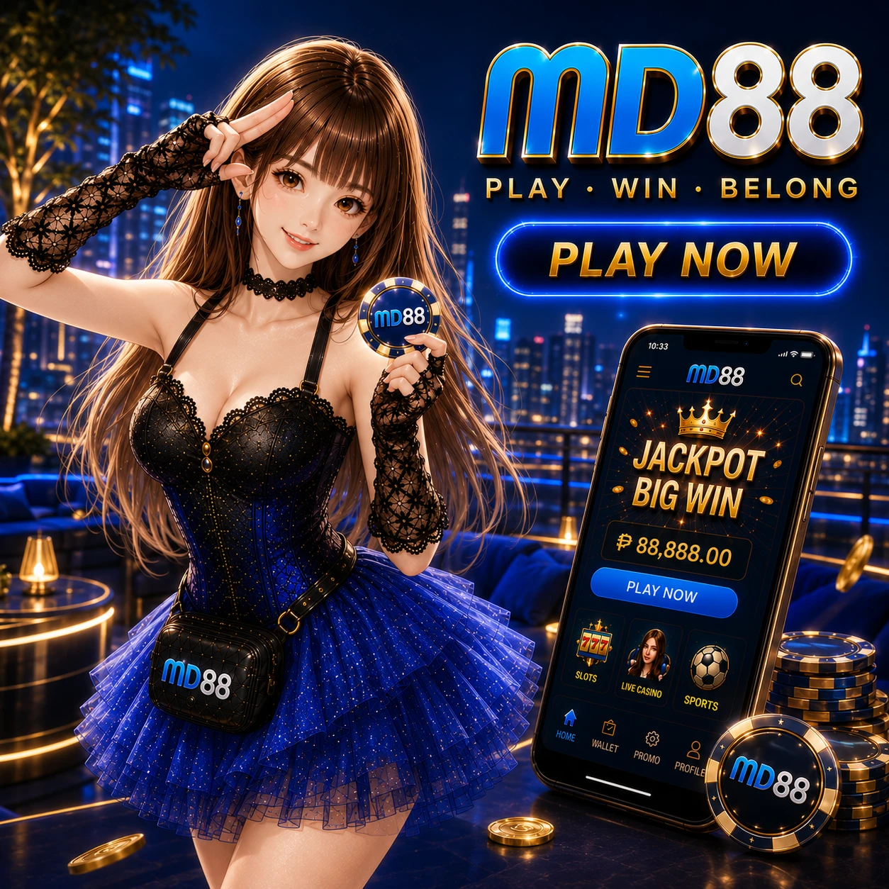 MD88 about page hero banner featuring the calico cat mascot in a warm and welcoming pose against a gold and dark casino background