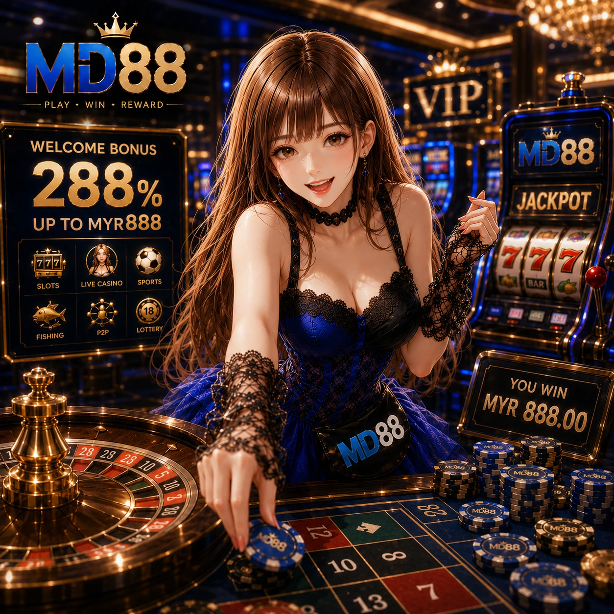 MD88 brand story visual showing a calico cat illustration with lucky symbols, gold coins, and Malaysian cultural motifs